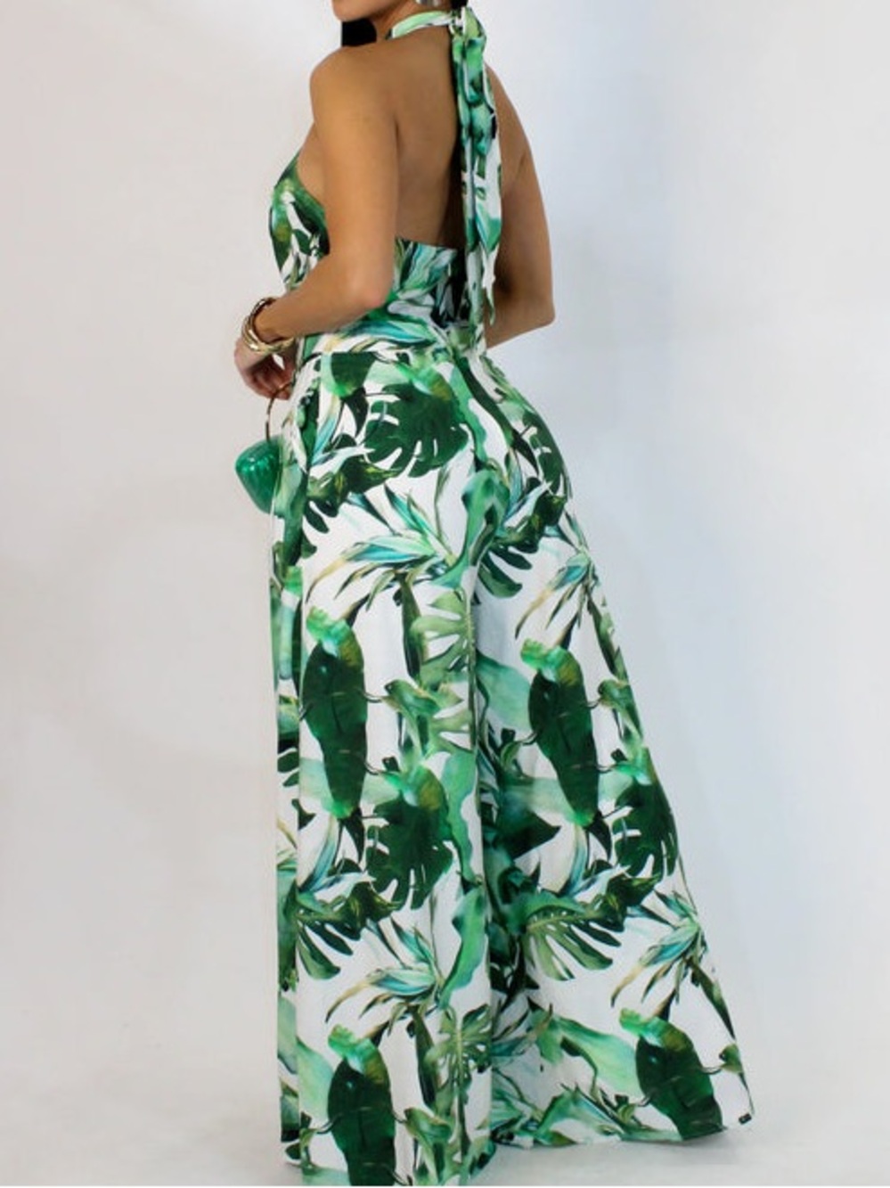 A. Peach Tropical Leaf Halter Wide Leg Jumpsuit with Pockets - Picture 3 of 11